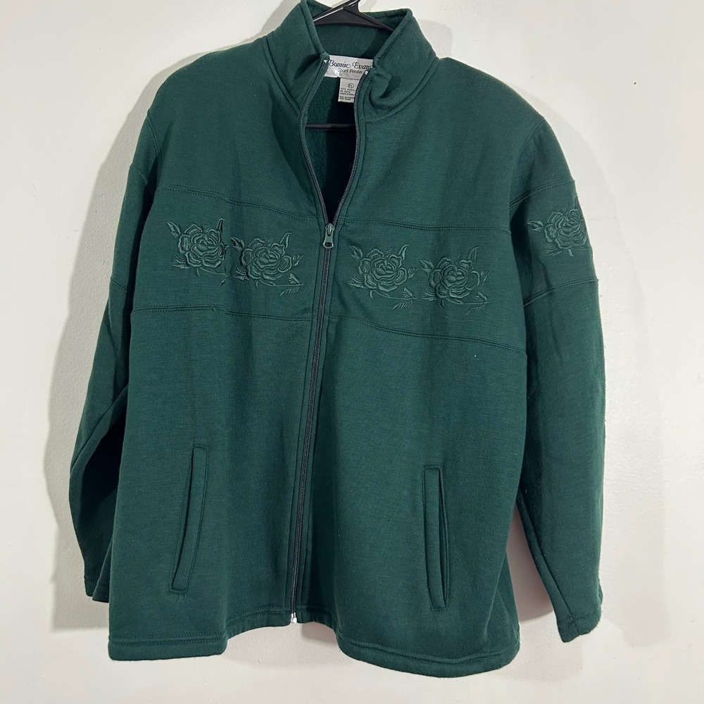 Bonnie Evans Sport Petites Green Floral Embroidered Full Zip Jacket Size‎ Large